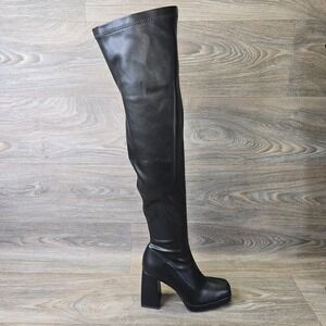 Dolls Kill‎ Knee High Boots Women's 6 Black Stretchy Baddie Square Toe Festival